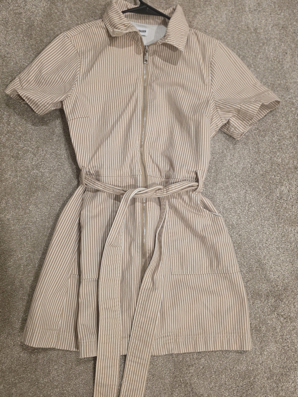 Steve Madden Beige and White Striped Zip-Front Denim Dress
